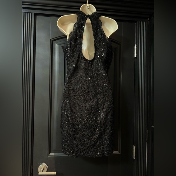 NWT Black Lace & Sequins Mock Neck Mini Dress - Picture 2 of 8
